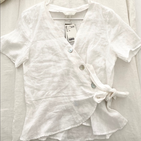 H&M Tops - H&M White Linen Wrap Tie Top